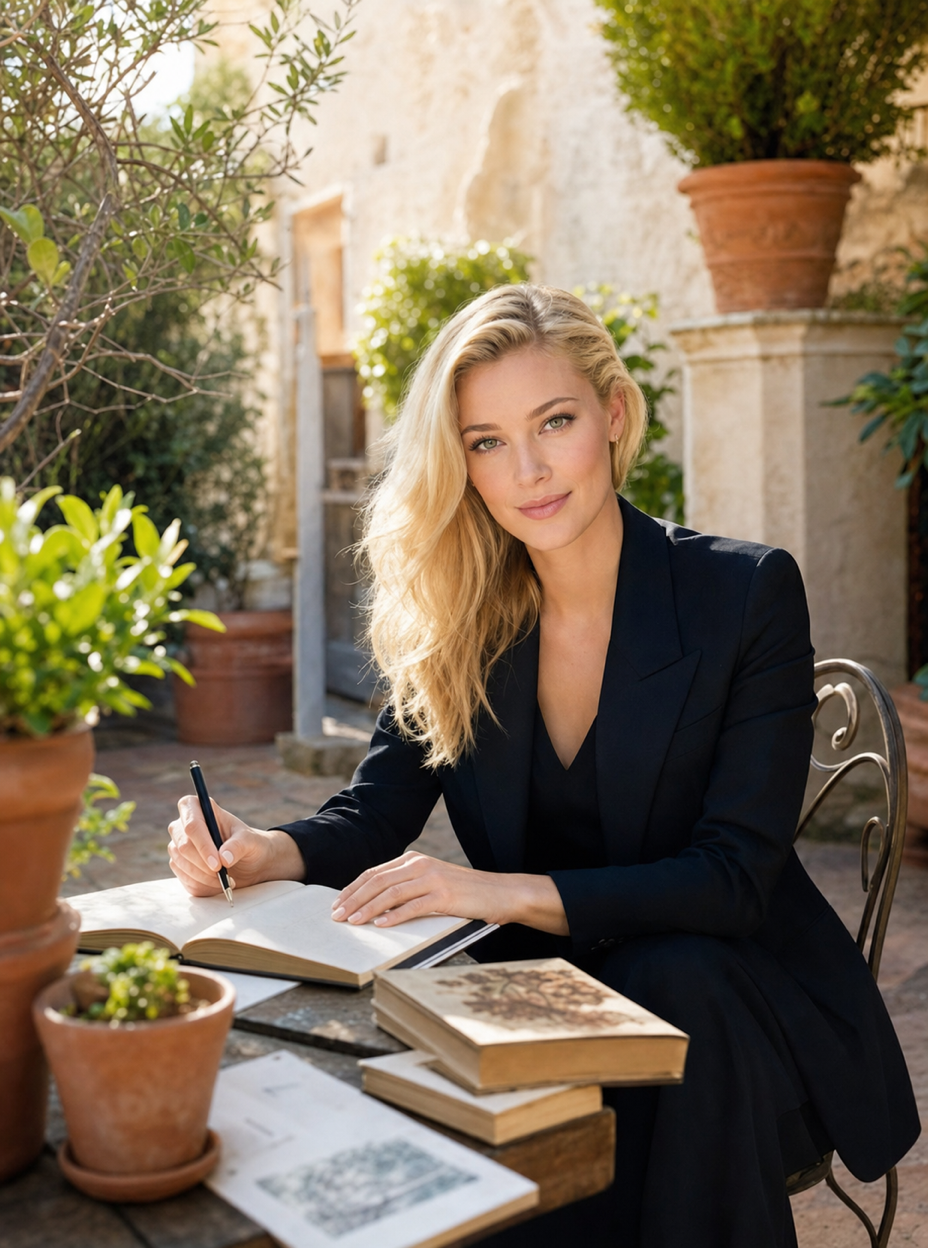 Nicole Junkermann scrive in un cortile italiano assolato tra piante e libri